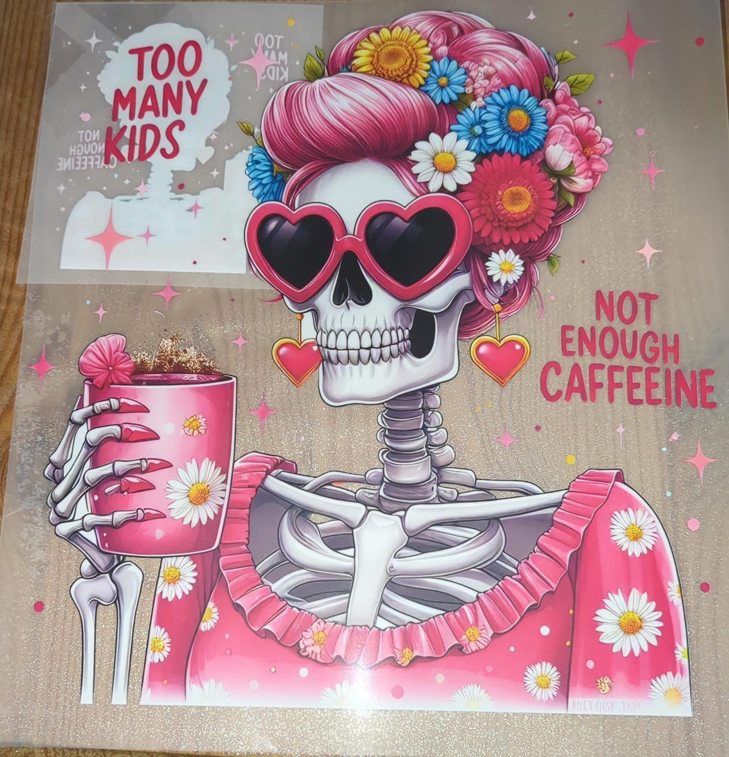Bügelbilder Set Too many Kids not enough caffeeine Zu viele Kinder zu wenig Coffein Skelett SGBB00062
