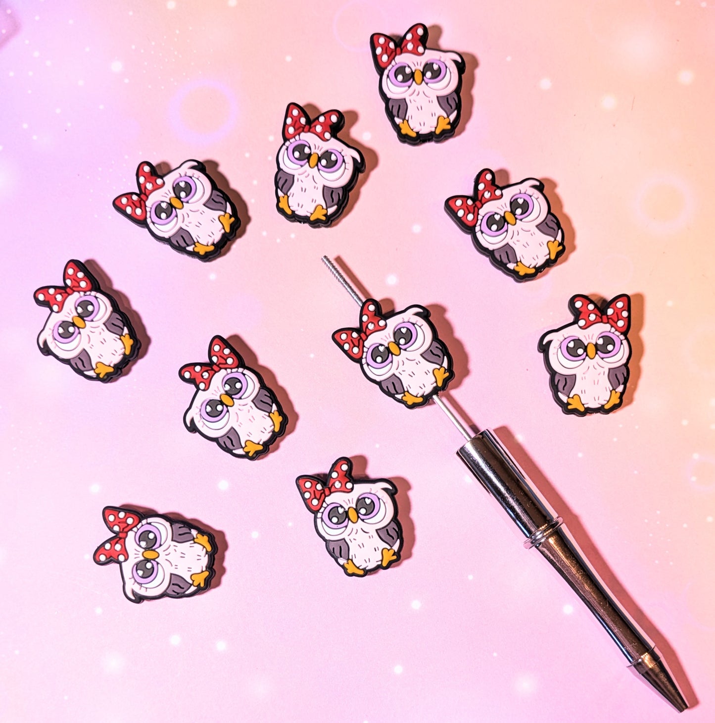 Focal Silikonperle lila Eule mit Schleife Pünktchen Polkadots große Augen