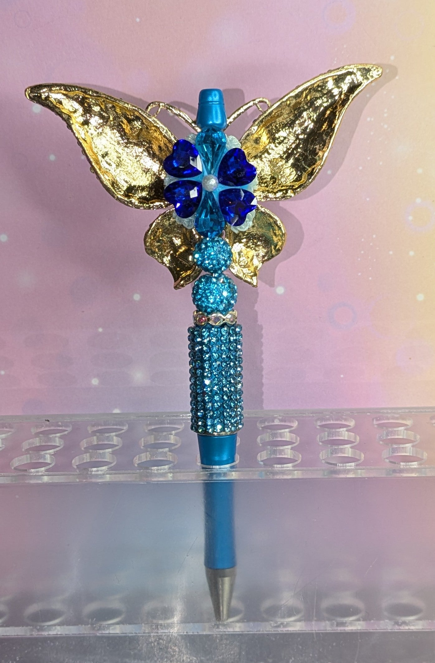 Unikat Goldener Schmetterlings Kugelschreiber mit blauen Glaselementen und Strasssteinen besetzt