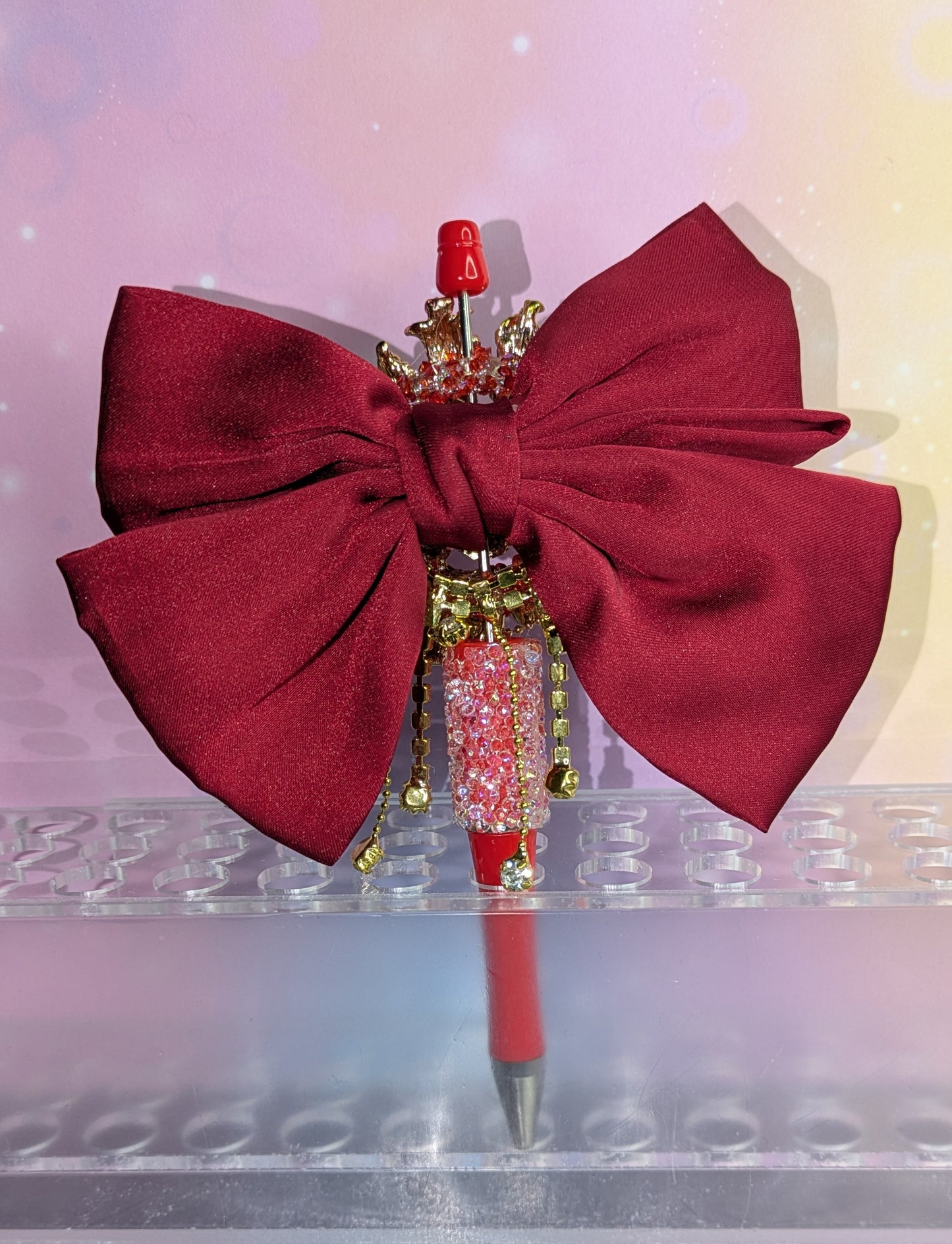 Unikat Luxeriöser Rosenblüten Kugelschreiber in rot gold und großer Samtschleife Strassbesetzt