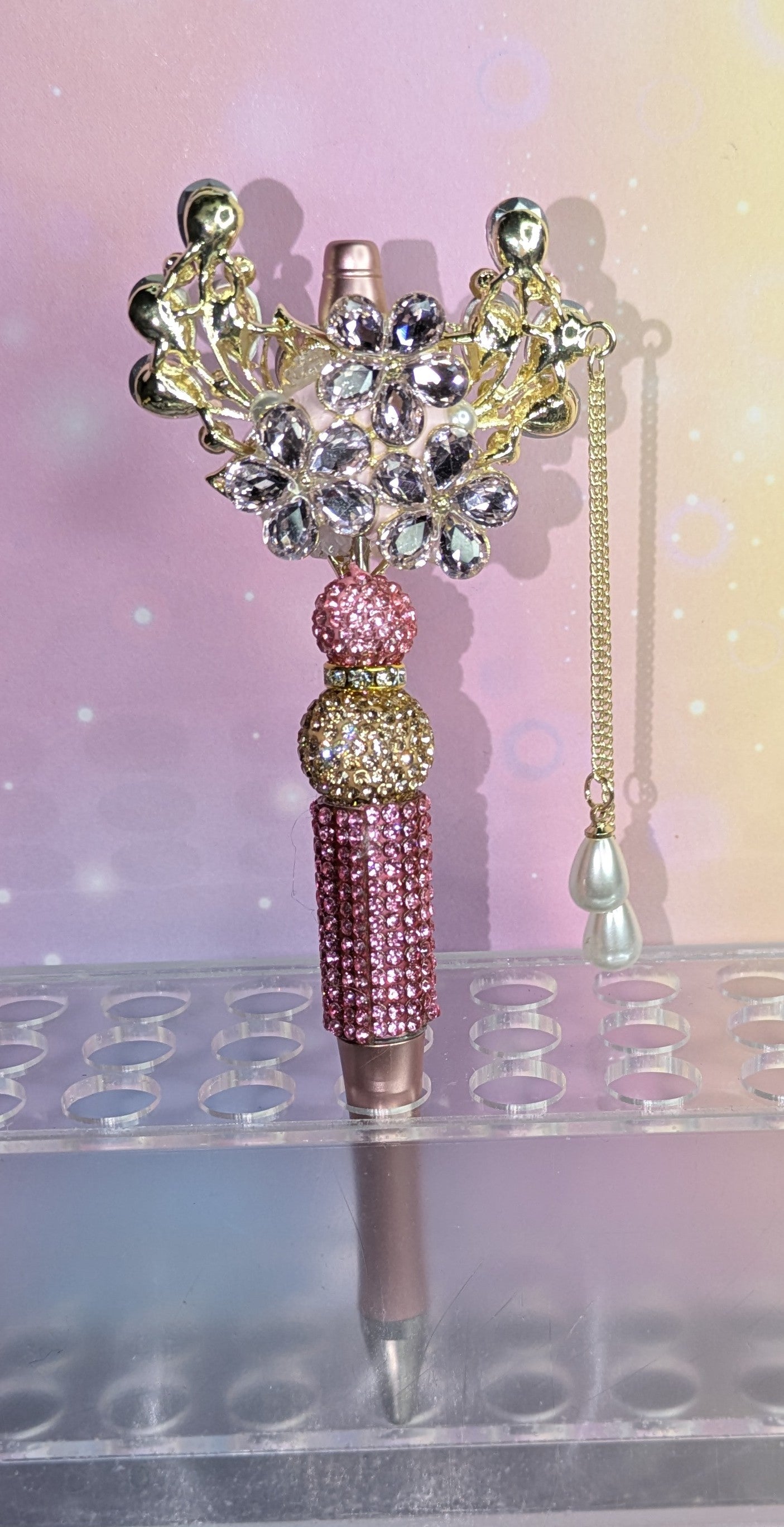 Unikat rosa gold Blüten Kugelschreiber mit hochwertigem Glasstein besatz und Tropfen Perlen