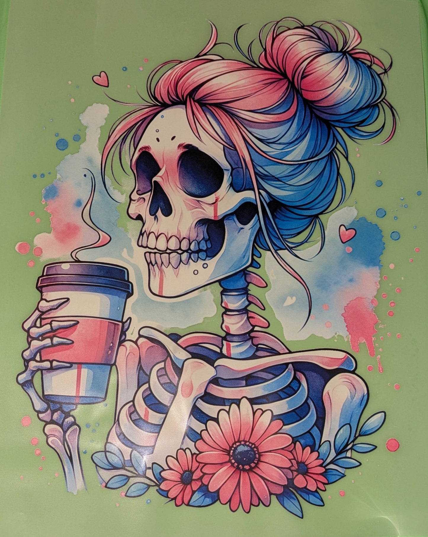 Bügelbild Gr. L Coffee Skull Sklelett mit Kaffee