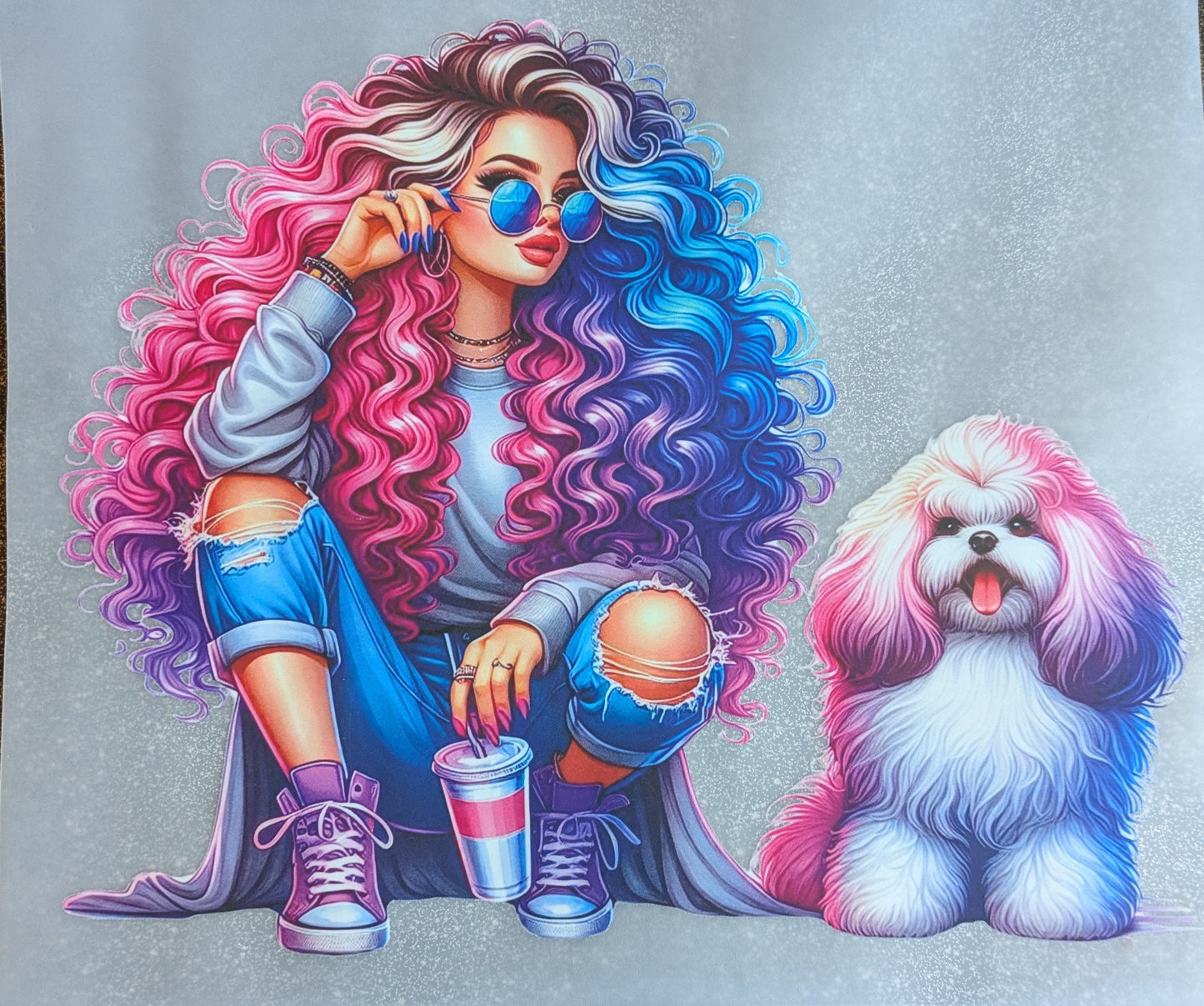 Bügelbild Gr. L " Lockengirl mit Hund bunt " GBB000015