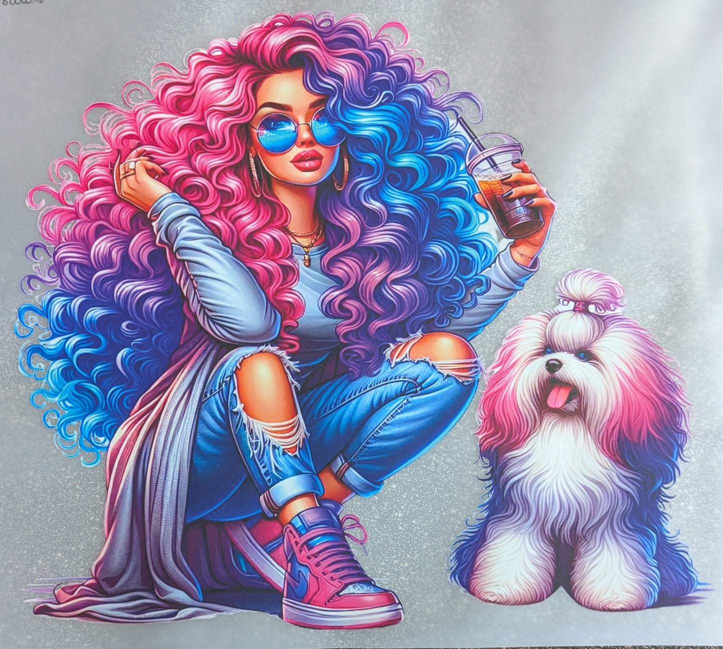 Bügelbild Gr.L " Lockengirl mit Hund und Kaffee " GBB000018