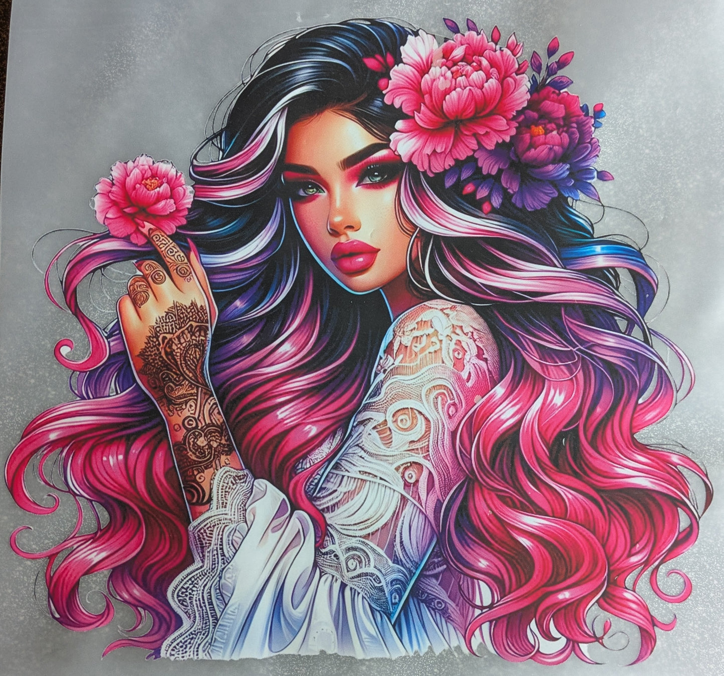 Bügelbild Gr.L " Bohogirl pink Pfingsrosen " GBB000021