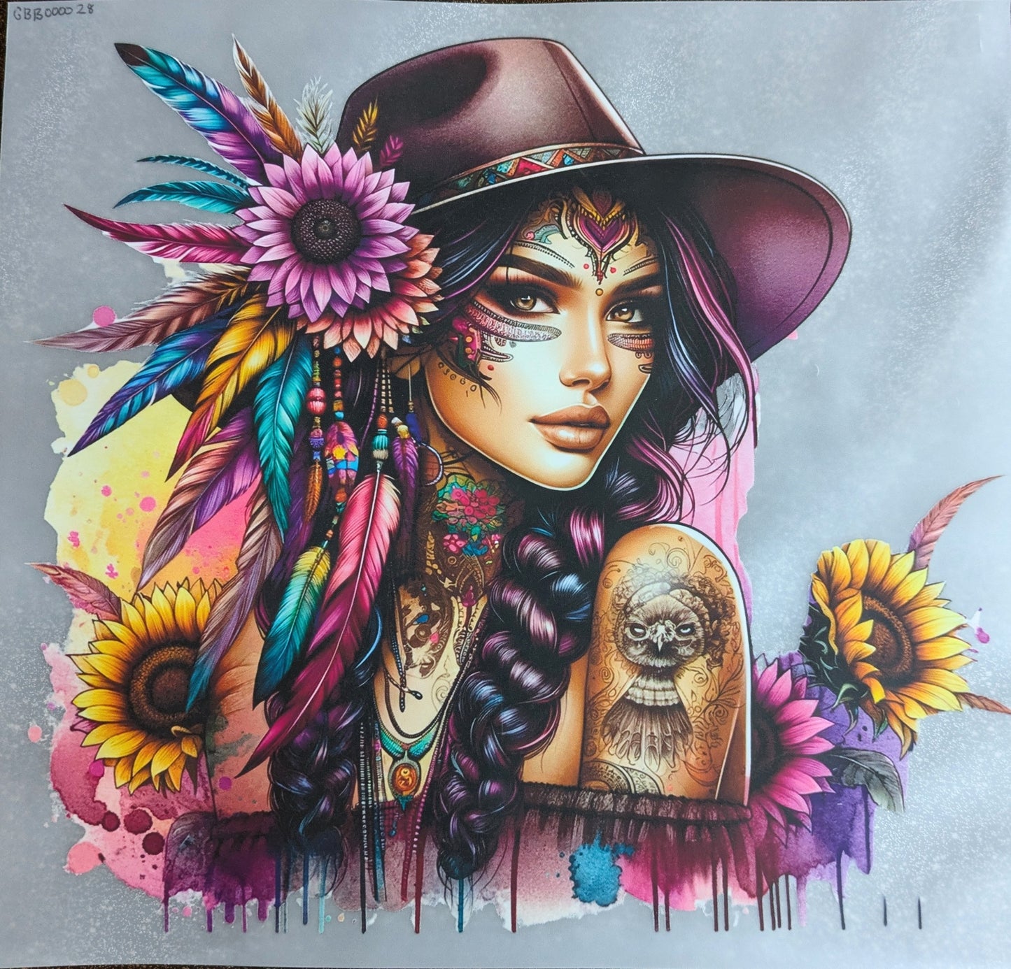 Bügelbild Gr.L " Tatoogirl mit Hut " GBB000028