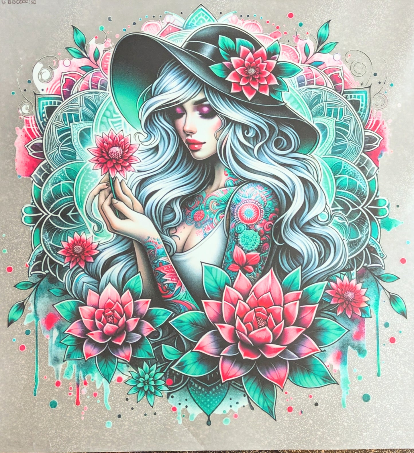 Bügelbild Gr.L " Tatoogirl grün pink " GBB000030