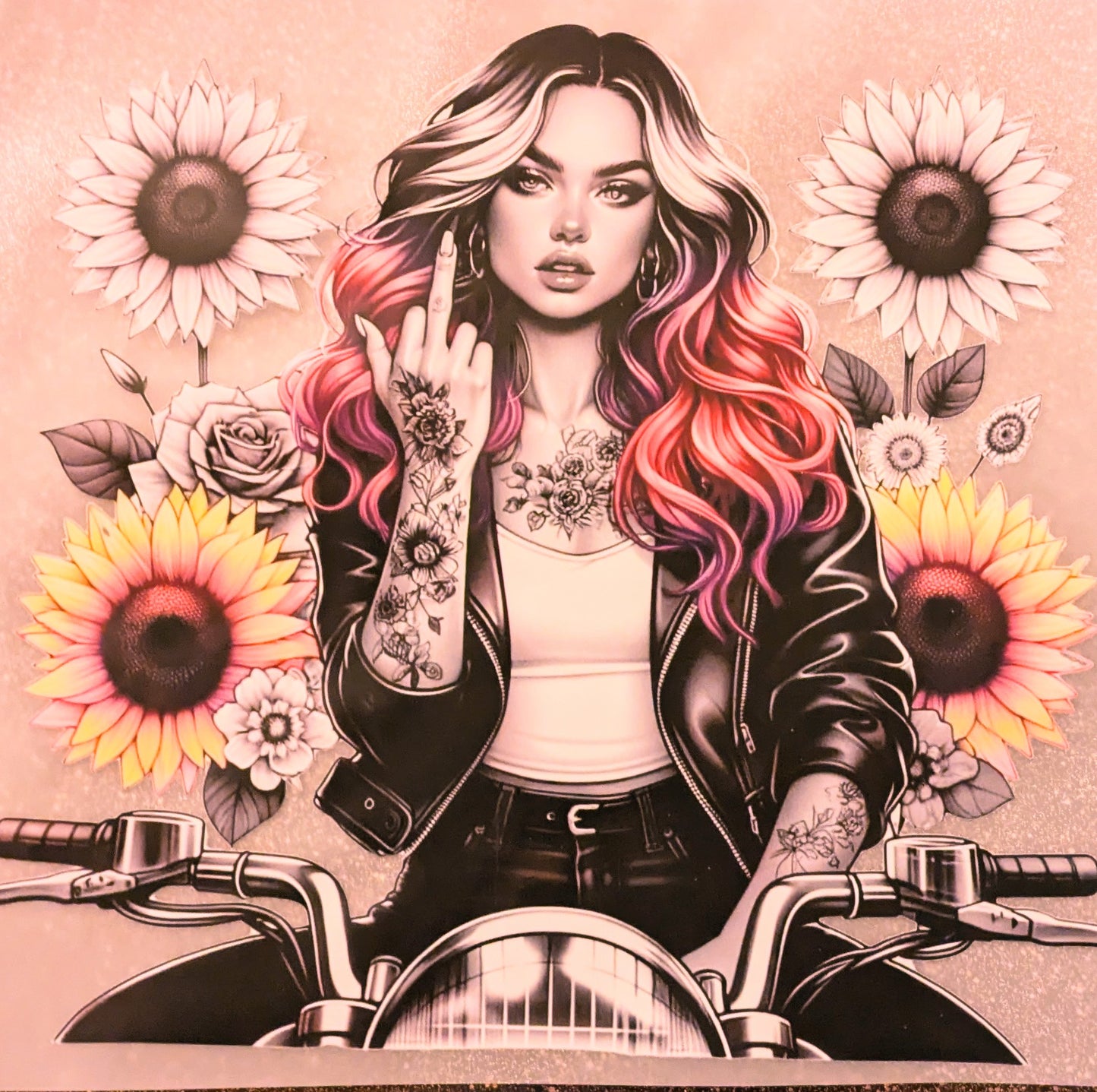 Bügelbild Gr.L " Bikergirl mit Mittelfinger " GBB000041