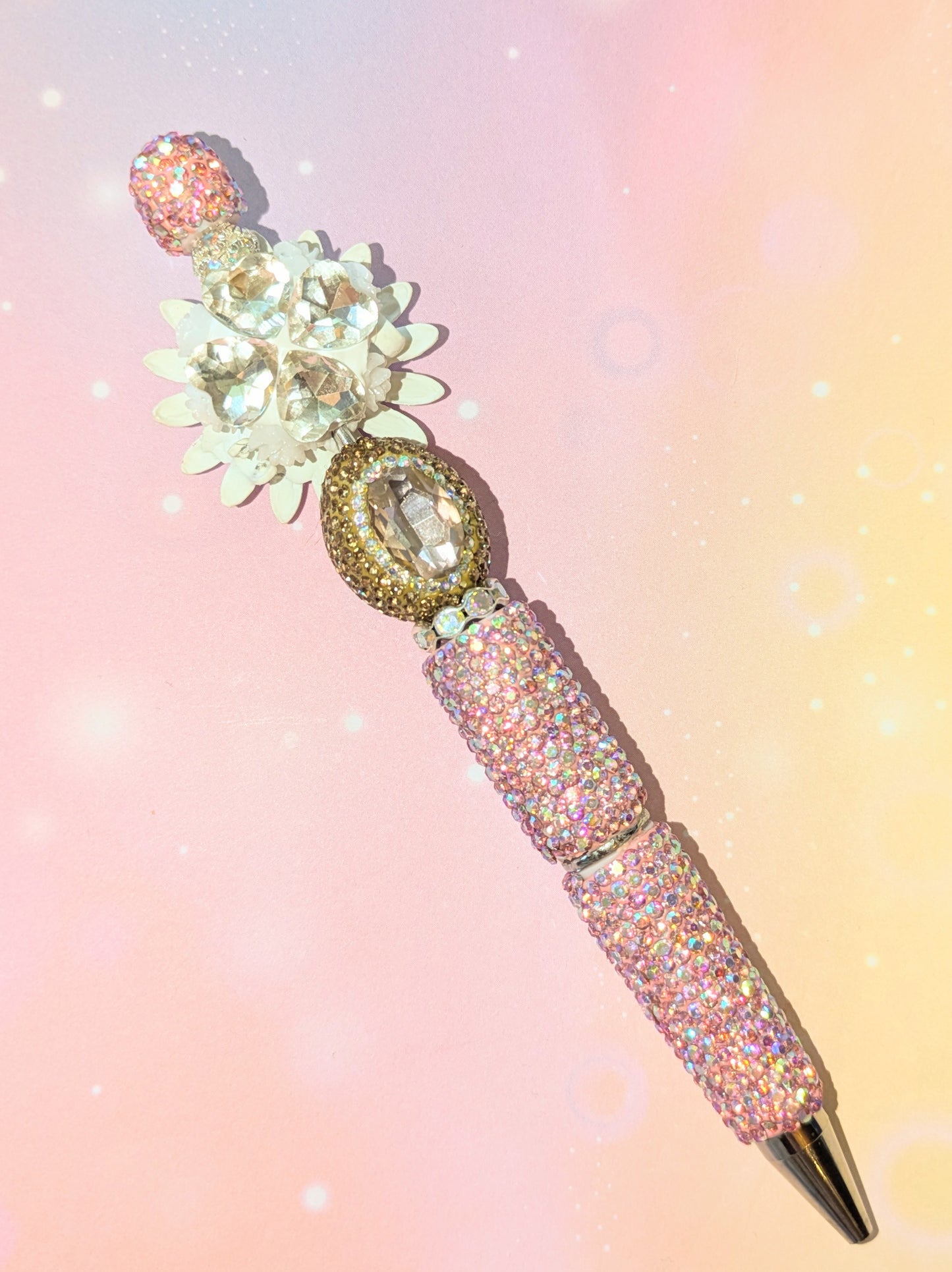 Blümchen und Bienchen Kugelschreiber Rosa weiß gold Strass viel Glitzer #3
