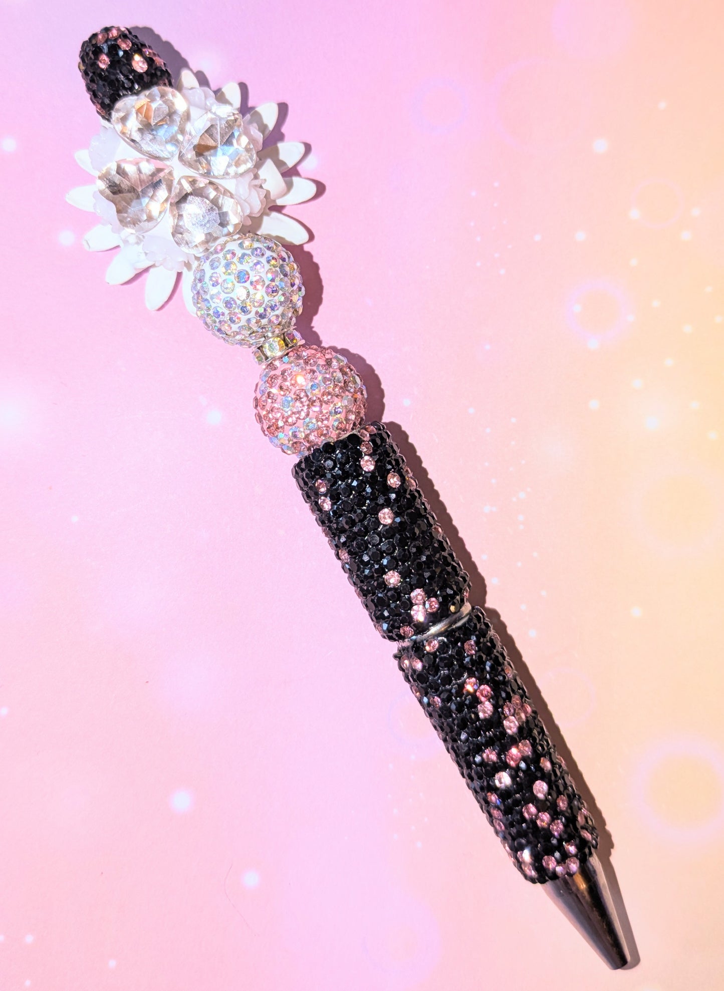 Blümchen und Bienchen Kugelschreiber schwarz weiß rosa Strass viel Glitzer #8