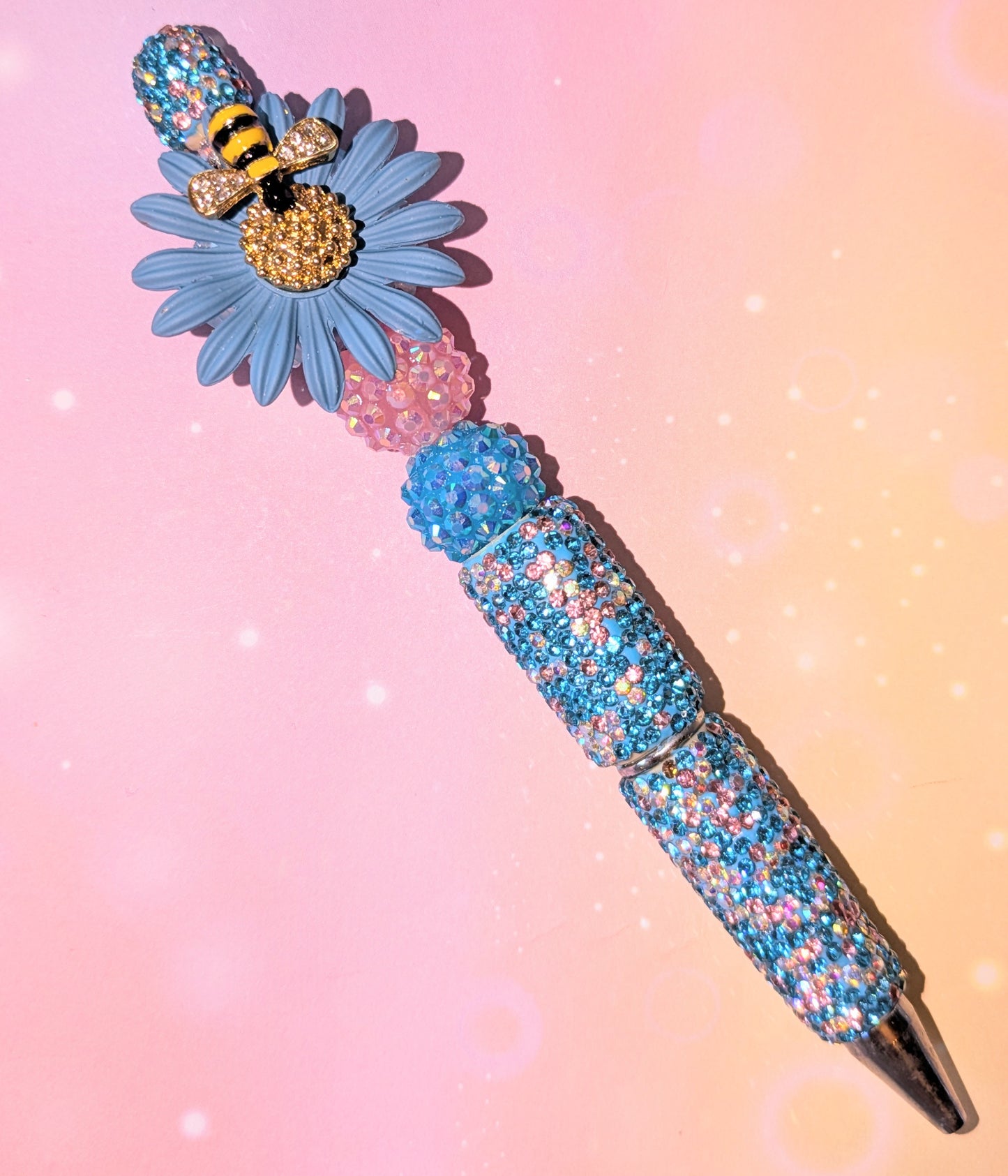 Blümchen und Bienchen Kugelschreiber blau rosa Strass viel Glitzer #12