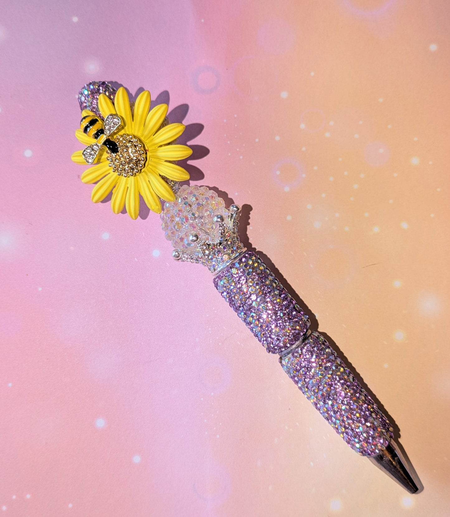 Blümchen und Bienchen Kugelschreiber Flieder Gelb Strass viel Glitzer #14