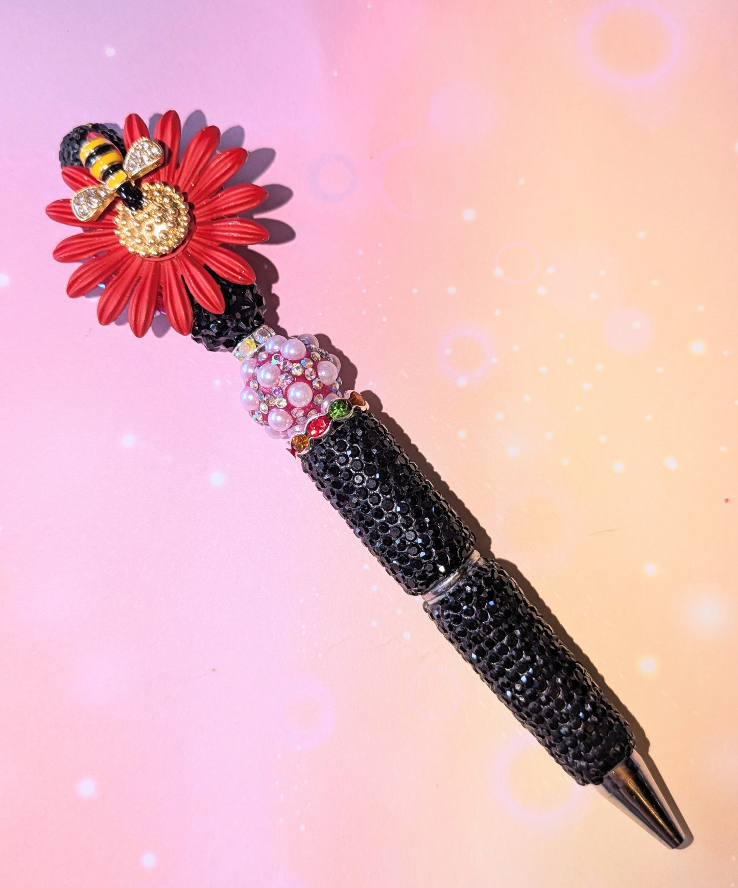 Blümchen und Bienchen Kugelschreiber Schwarz Rot Strass viel Glitzer #17