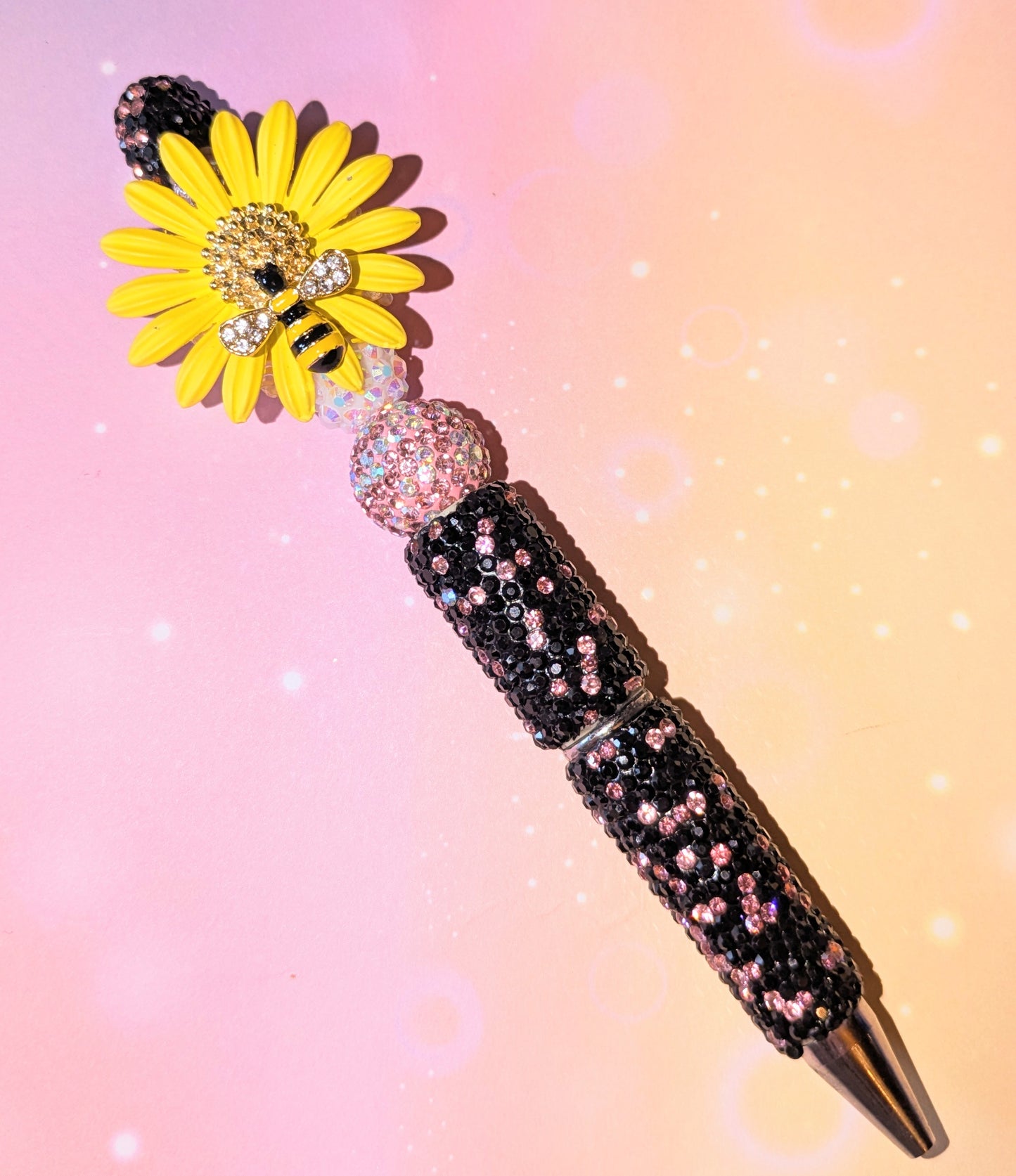 Blümchen und Bienchen Kugelschreiber Schwarz Rosa Gelb Strass viel Glitzer #19