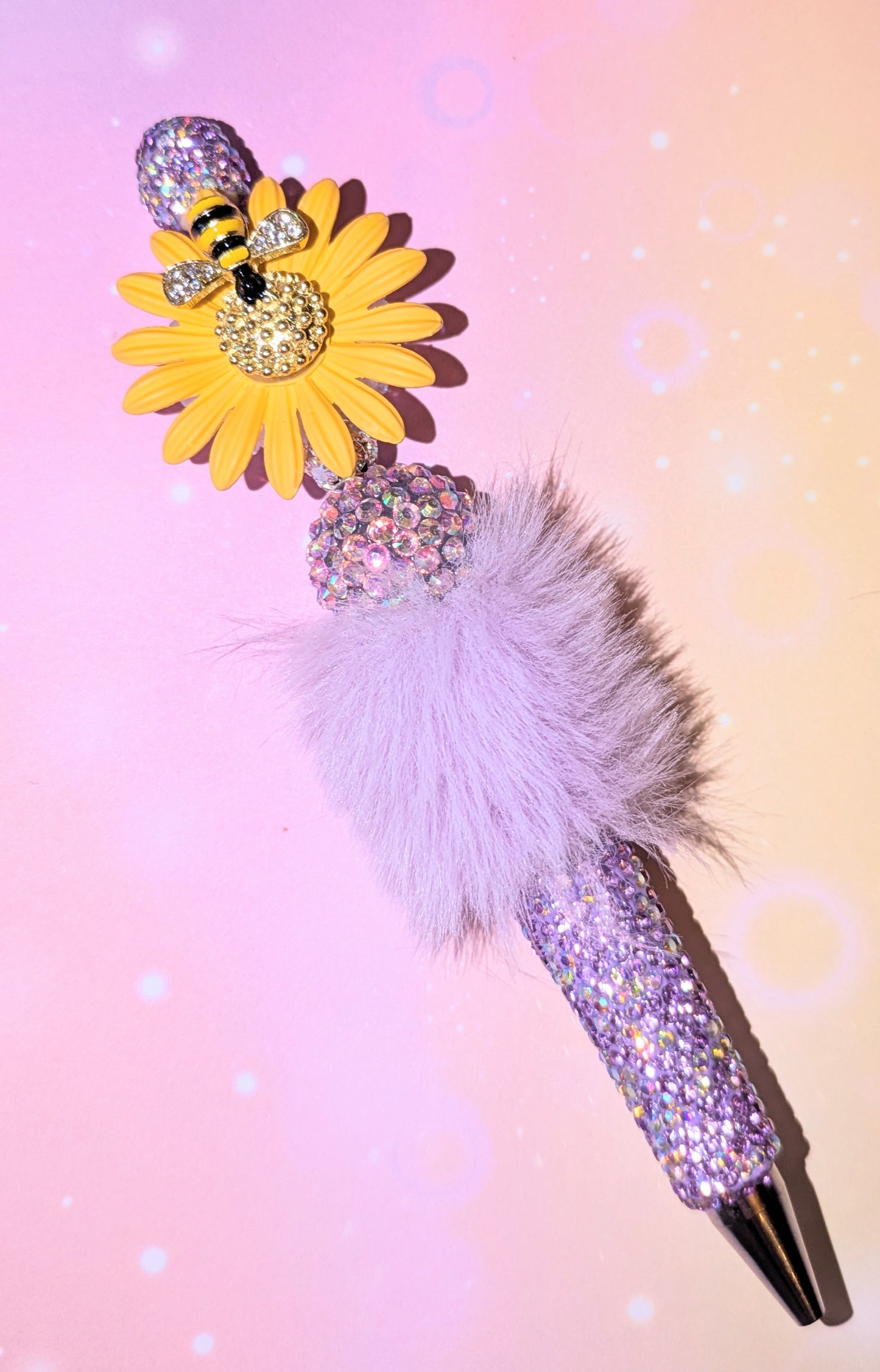 Blümchen und Bienchen Kugelschreiber Pompom Flieder Gelb Strass viel Glitzer #23