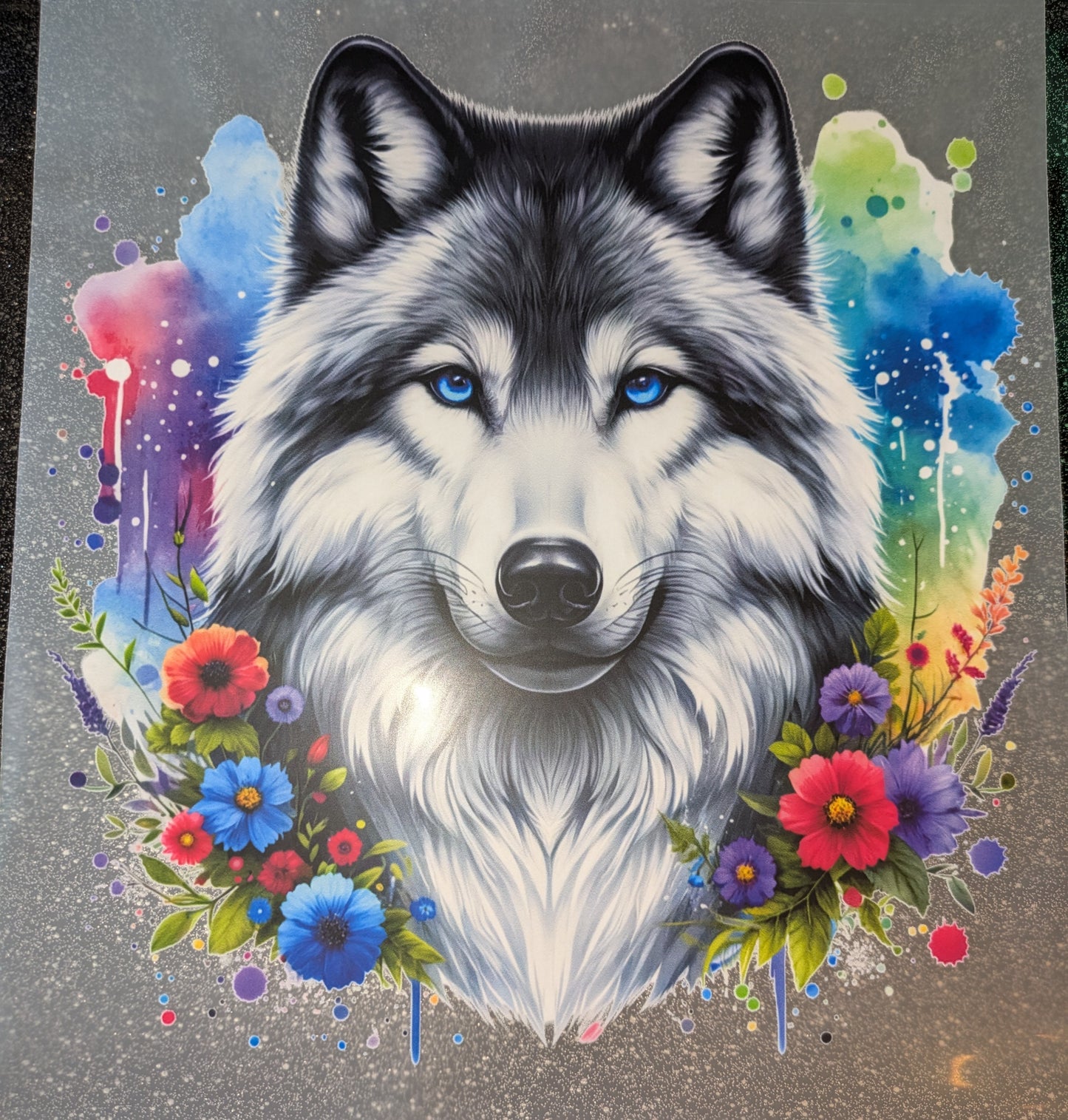 Großes Bügelbild Gr. L Wolf Streublumen GBB000103