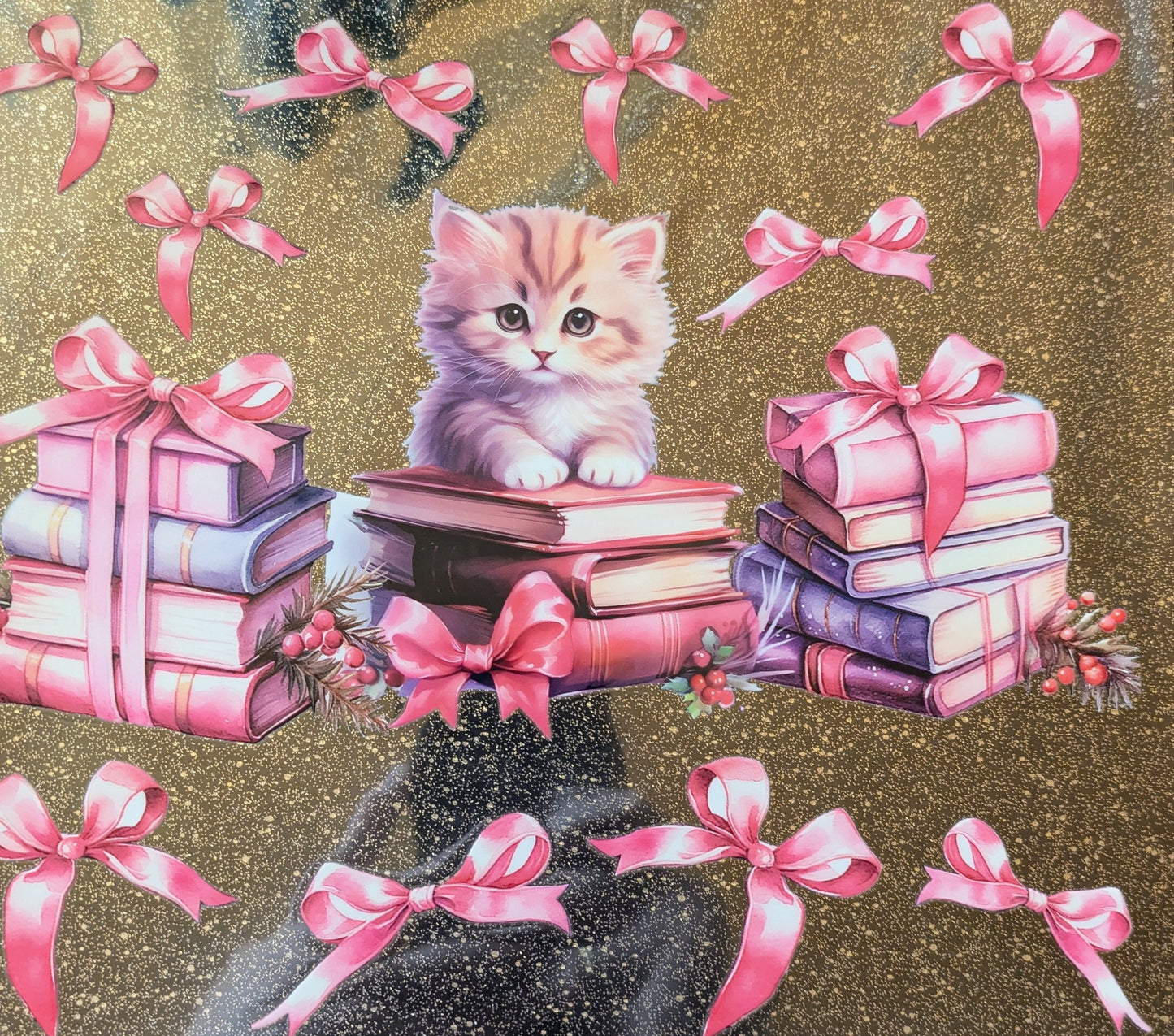 20 Oz Aufkleber Katze auf Büchern mit Schleifen rosa