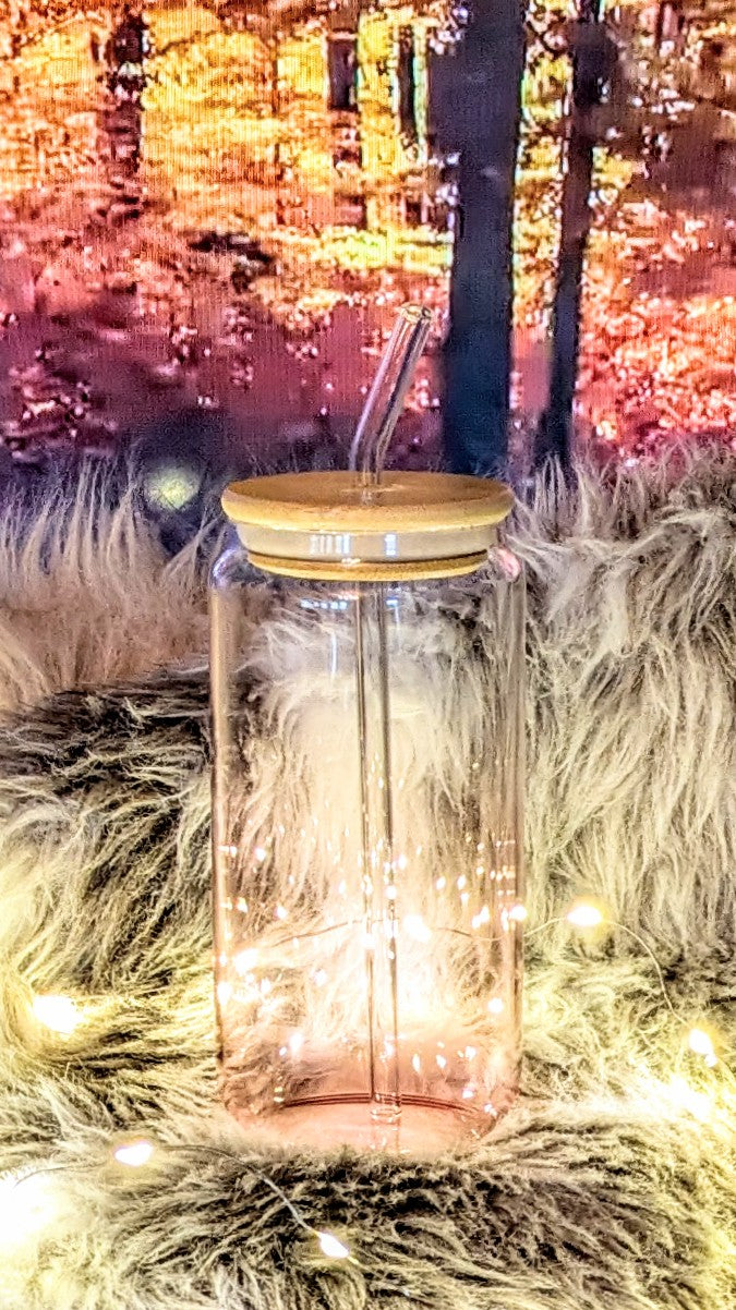 Glasbecher Pinker Farbverlauf mit Bambusdeckel und Trinkröhrchen + Sticker nach Wahl