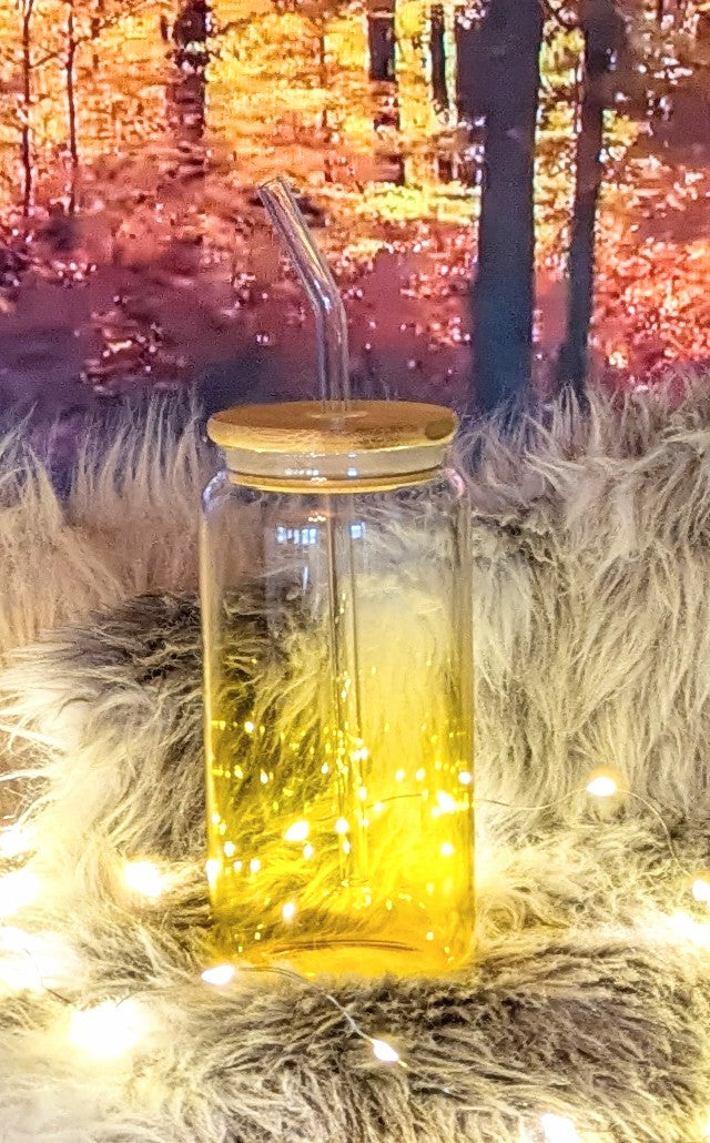 Glasbecher gelber Farbverlauf mit Bambusdeckel und Trinkröhrchen + Sticker nach Wahl
