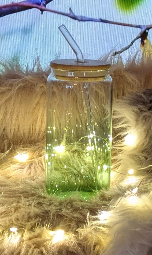 Glasbecher grünem Farbverlauf mit Bambusdeckel und Trinkröhrchen + Sticker nach Wahl