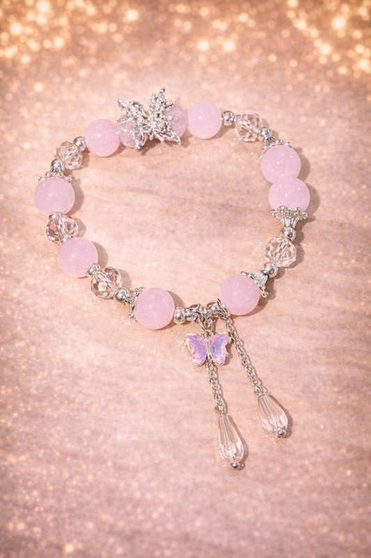 Glasperlenarmband rosa mit Schmetterlingen Anhängern kettchen Strass