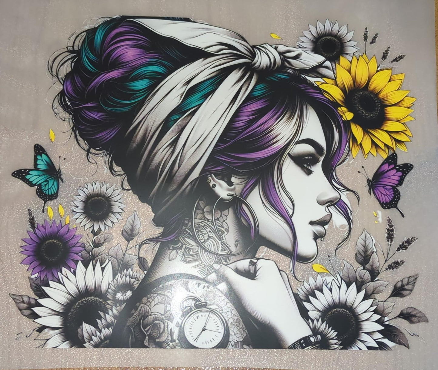Großes Tattoogirl lila petrol gelb Sonnenblume Schmetterling GBB000110