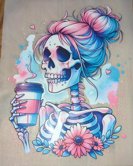Großes Büglebild Skelett Frau Kaffee Blume rosa pink blau GBB000118