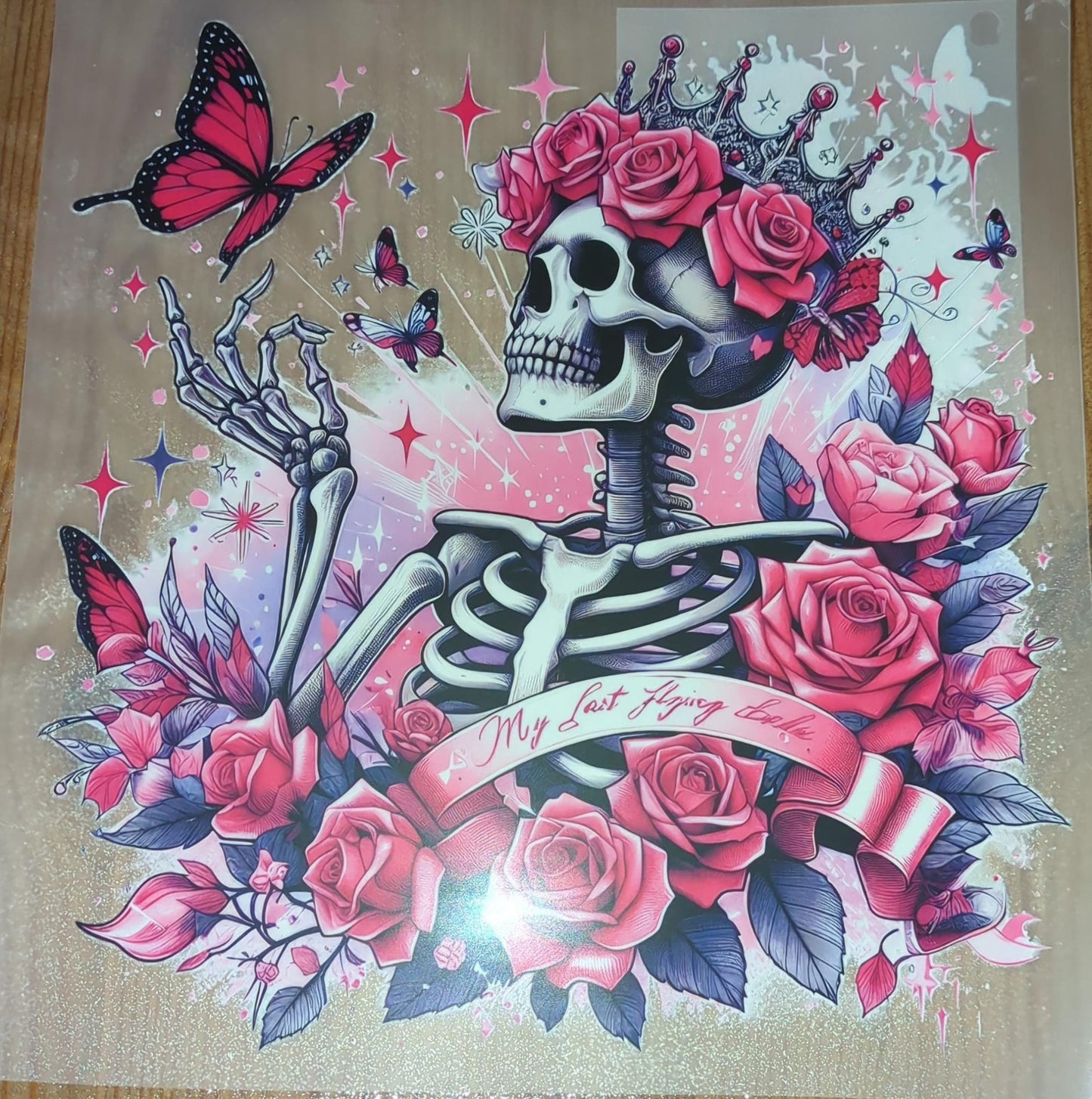 Bügelbilder Set My last Flying Fuck Skelett Schädel Krone Schmetterling Rosen Sterne SGBB00065