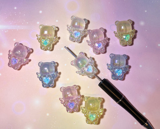 GK07  Bezaubernde Bären Transparent mit goldglitzer Strassherz Flügeln Leuchten im Dunkeln
