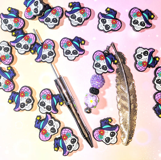 S45  Silikonperle / Focal Hexe Skellet Totenkopf lila