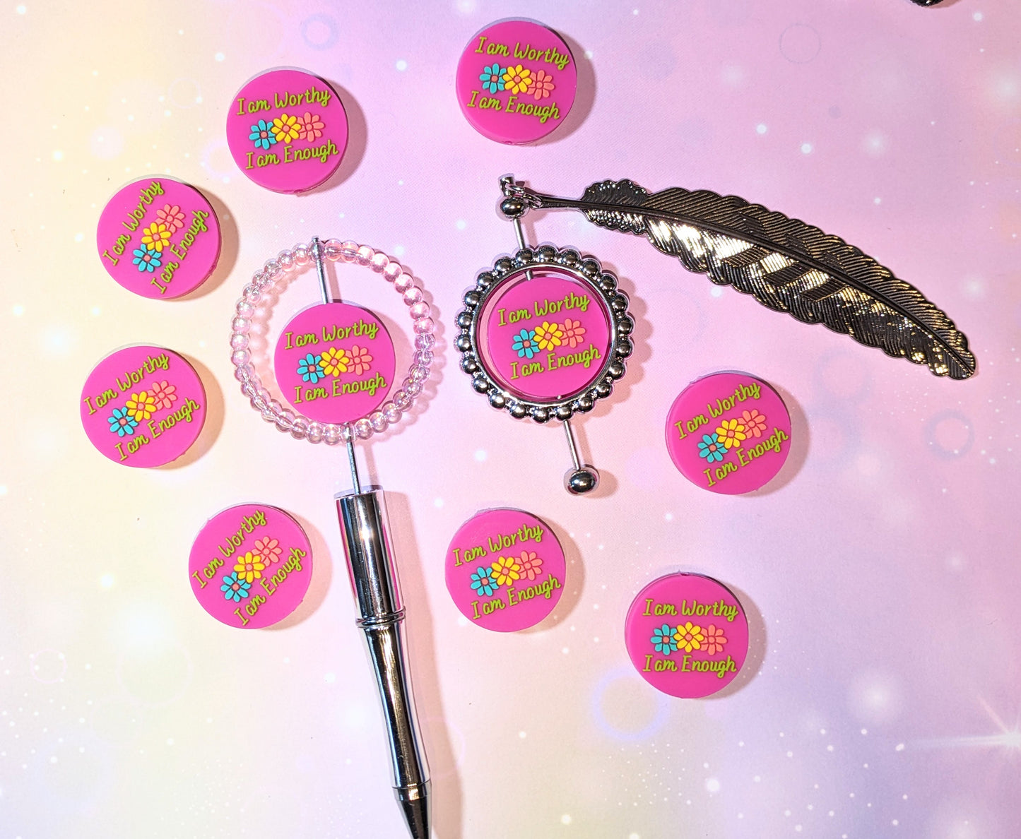 S46  Silikonperle / Focal "I am Worthy I am Enough" pink Blumen