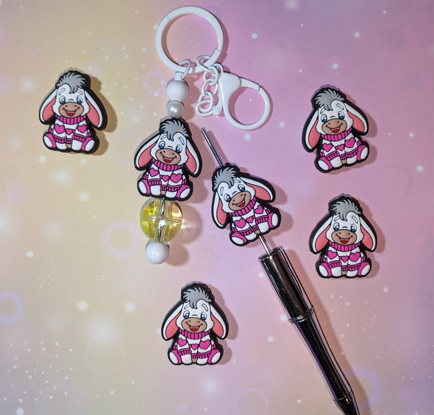 S41  Silikonperle / Focal Esel mit Herzchen Pullover weiß pink rosa