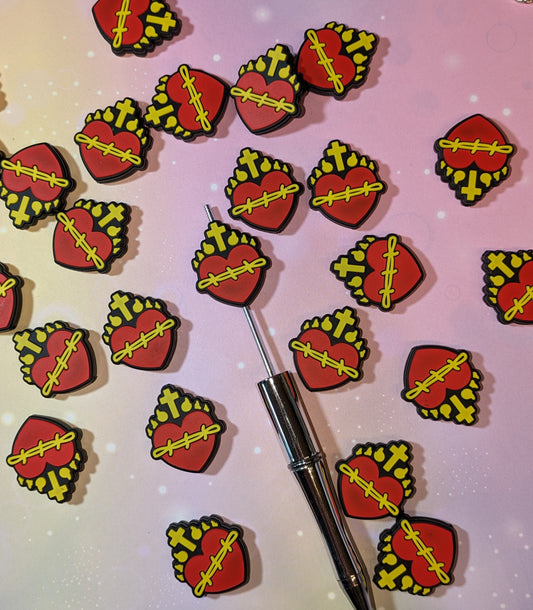 S58  Silikonperle / Focal Flammenherz Kreuz Flamme Herz Reichsapfel rot