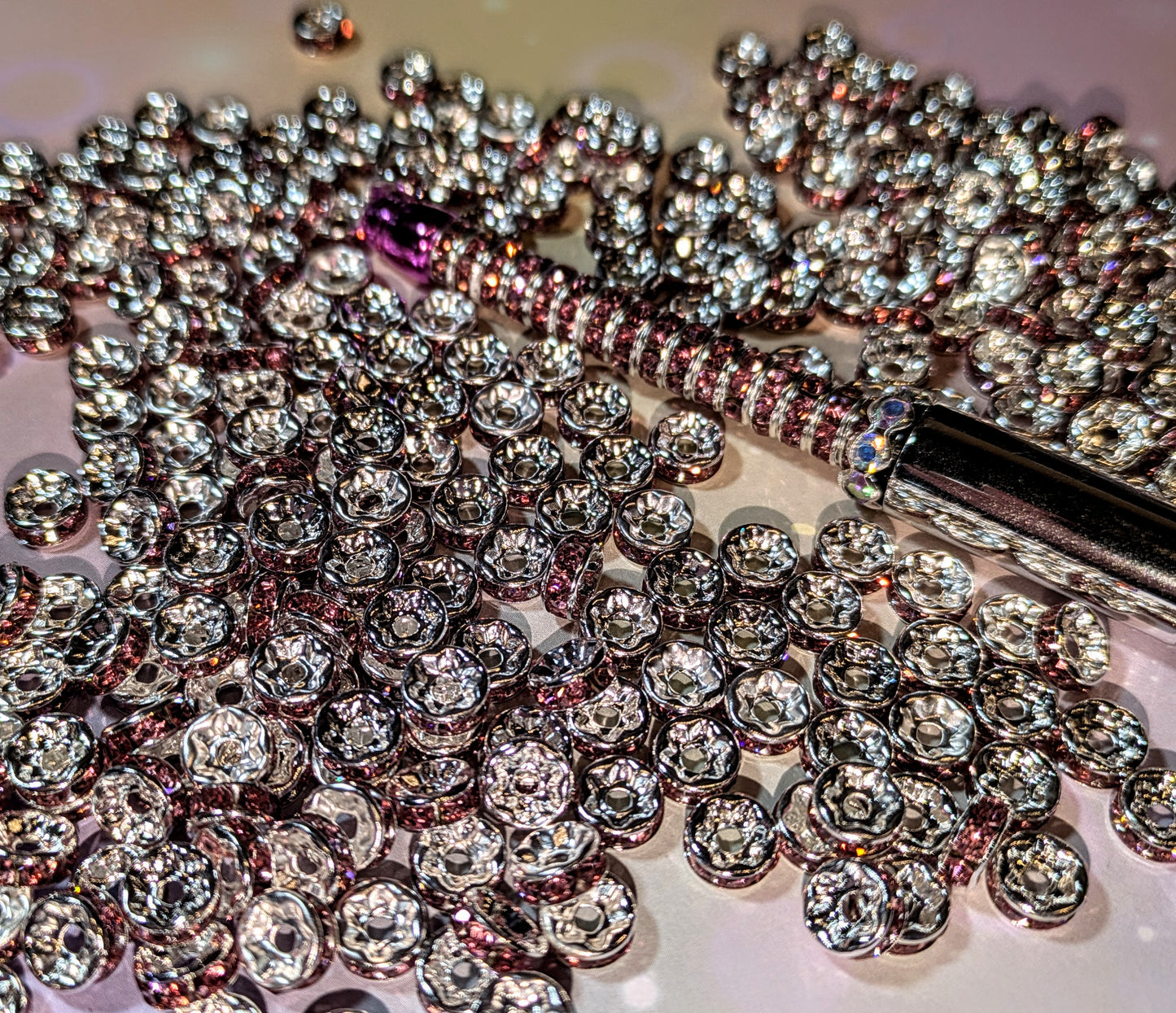 KK18 Spacer / Abstandsperlen 8 mm Silber rosa Strass AB