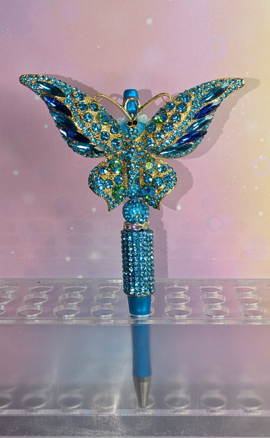Unikat Goldener Schmetterlings Kugelschreiber mit blauen Glaselementen und Strasssteinen besetzt