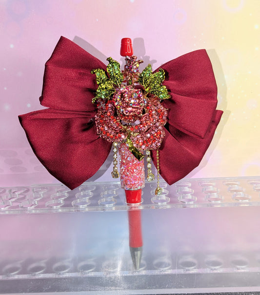 Unikat Luxeriöser Rosenblüten Kugelschreiber in rot gold und großer Samtschleife Strassbesetzt