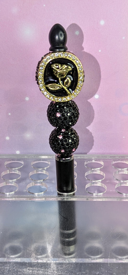 Unikat Rosenperle auf Touchpen mit schwarz pinken Strassperlen