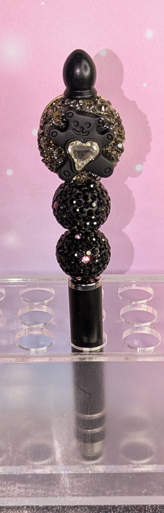 Unikat Rosenperle auf Touchpen mit schwarz pinken Strassperlen