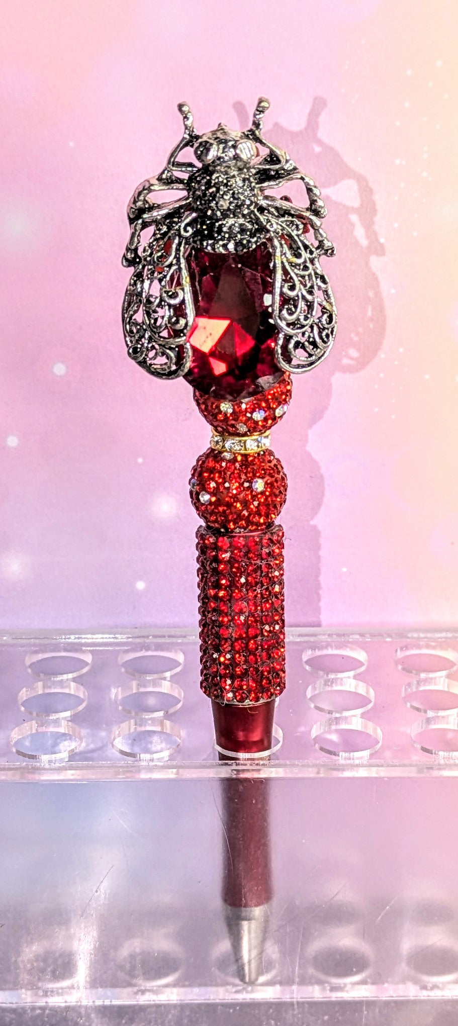 Unikat Biene / Käfer / Fliege Kugelschreiber mit riesigem roten Facettiertem Glasstein