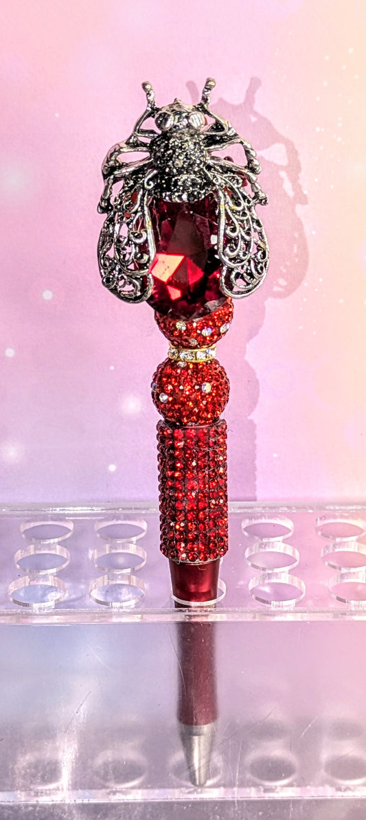 Unikat Biene / Käfer / Fliege Kugelschreiber mit riesigem roten Facettiertem Glasstein