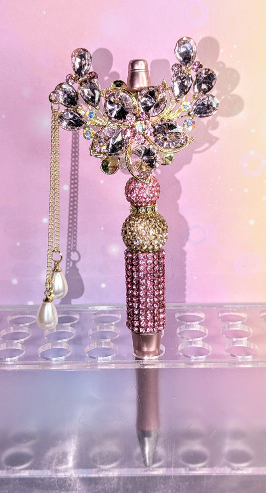 Unikat rosa gold Blüten Kugelschreiber mit hochwertigem Glasstein besatz und Tropfen Perlen