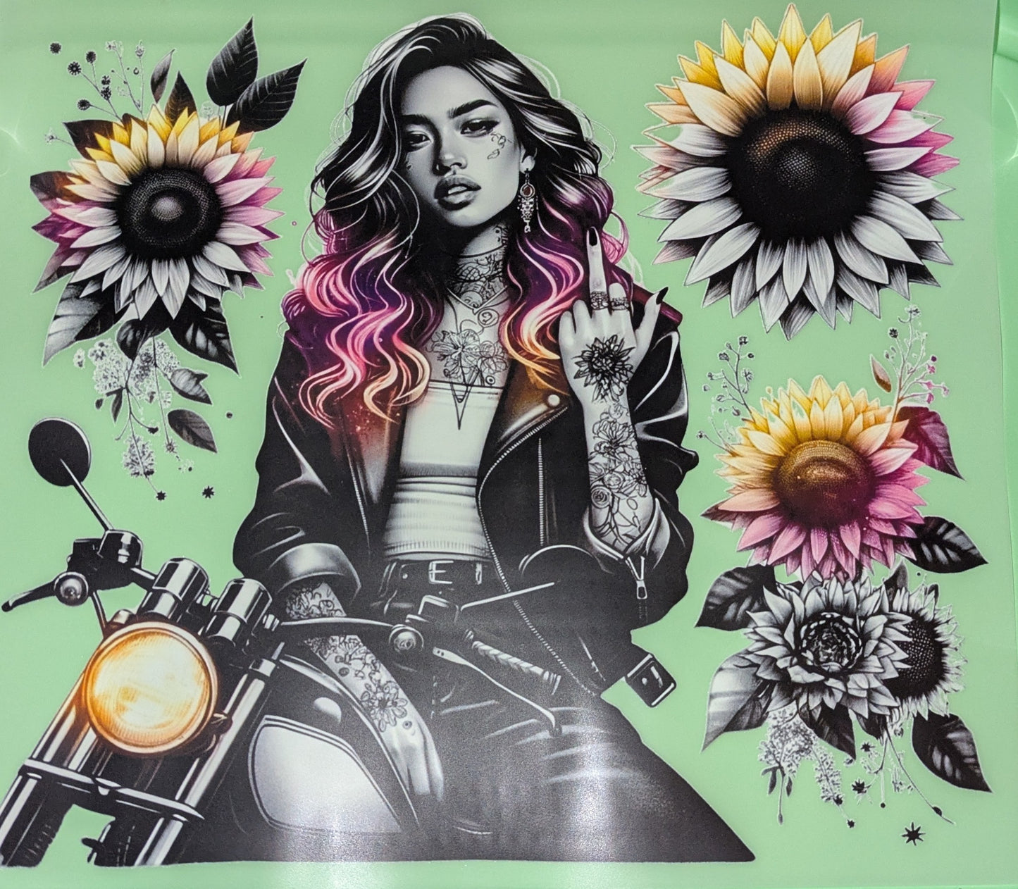 Bügelbild Gr. L Motorradgirl Mittelfinger