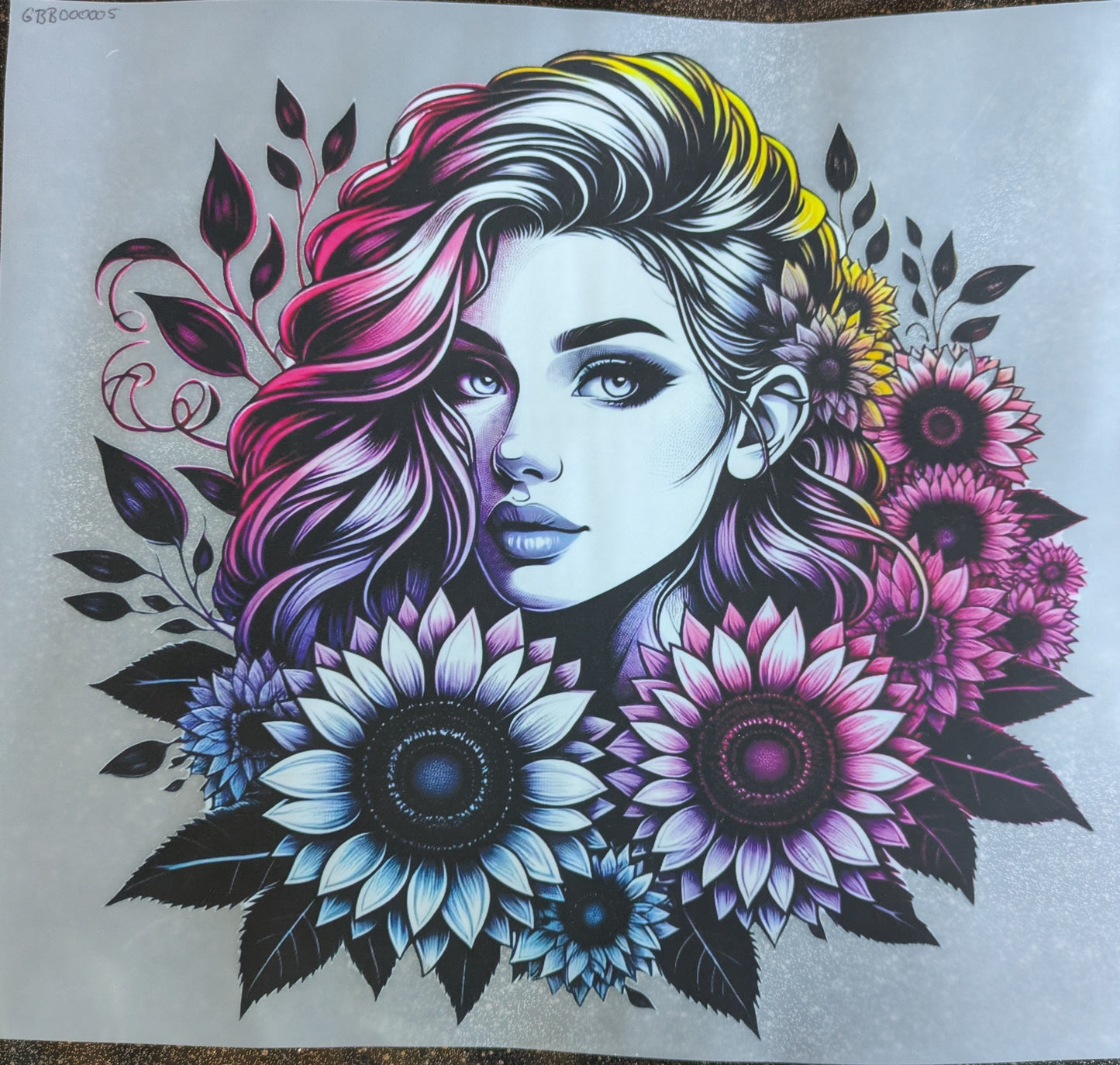 Bügelbild Gr. L " Gesicht Sonnenblume bunt " GBB000005