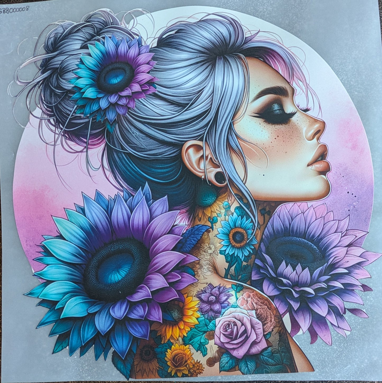 Bügelbild Gr. L " Tatoogirl mit bunten Sonnenblumen " GBB000008