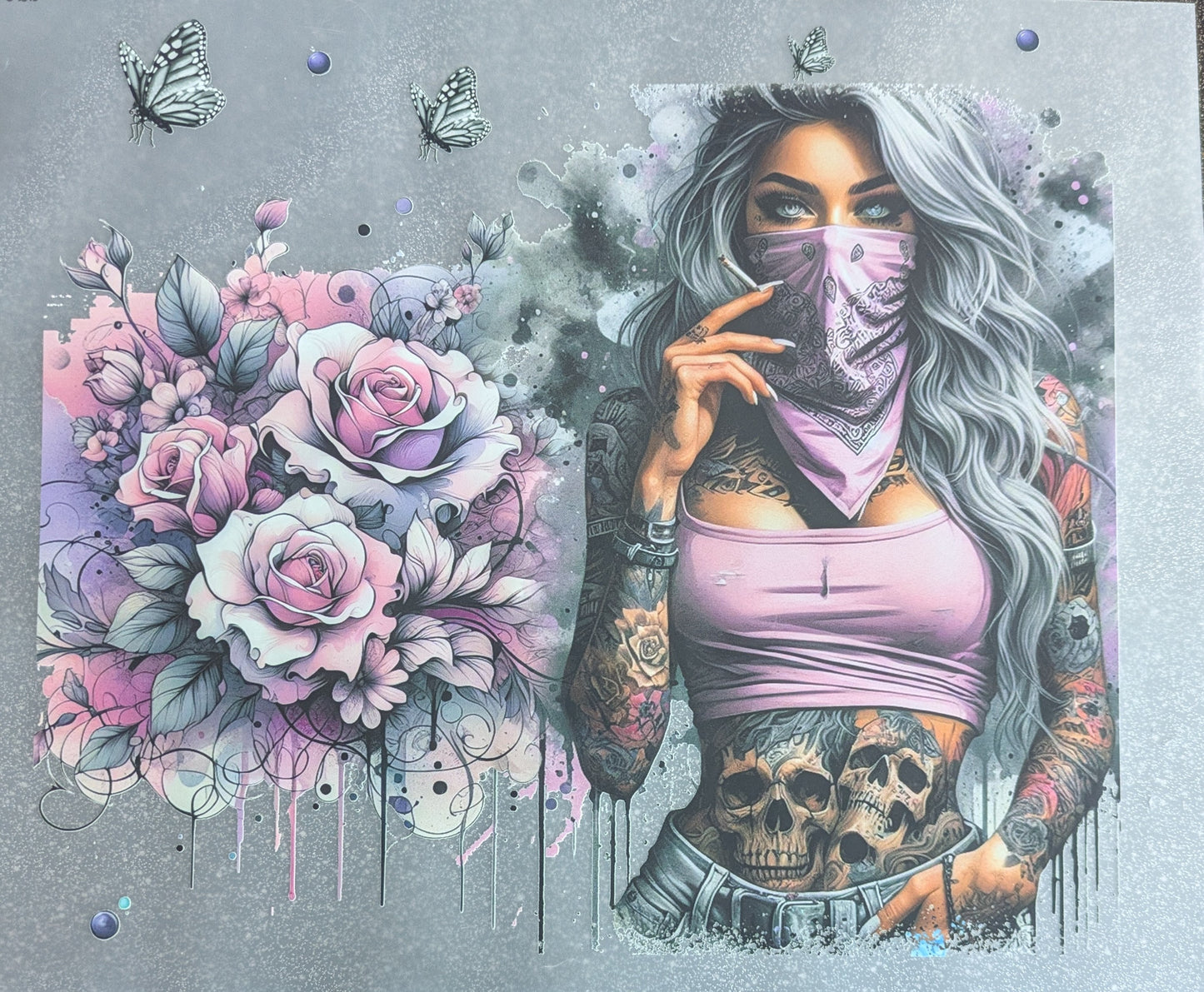 Bügelbild Gr.L " Tatoogirl mit rosa Rosen " GBB000016