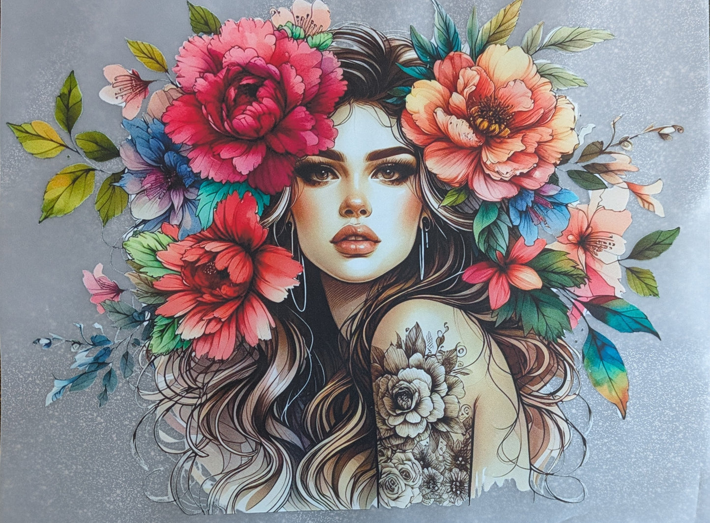 Bügelbild Gr.L " Blumenmädchen mit Tatoo " GBB000017