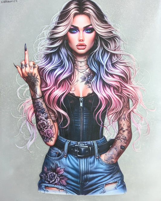 Bügelbild Gr.L " Tatoogirl mit Mittelfinger " GBB000024