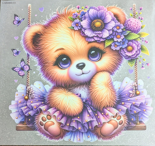 Bügelbild Gr.L " Bärenmädchen im lila Tütü auf Schaukel " GBB000029