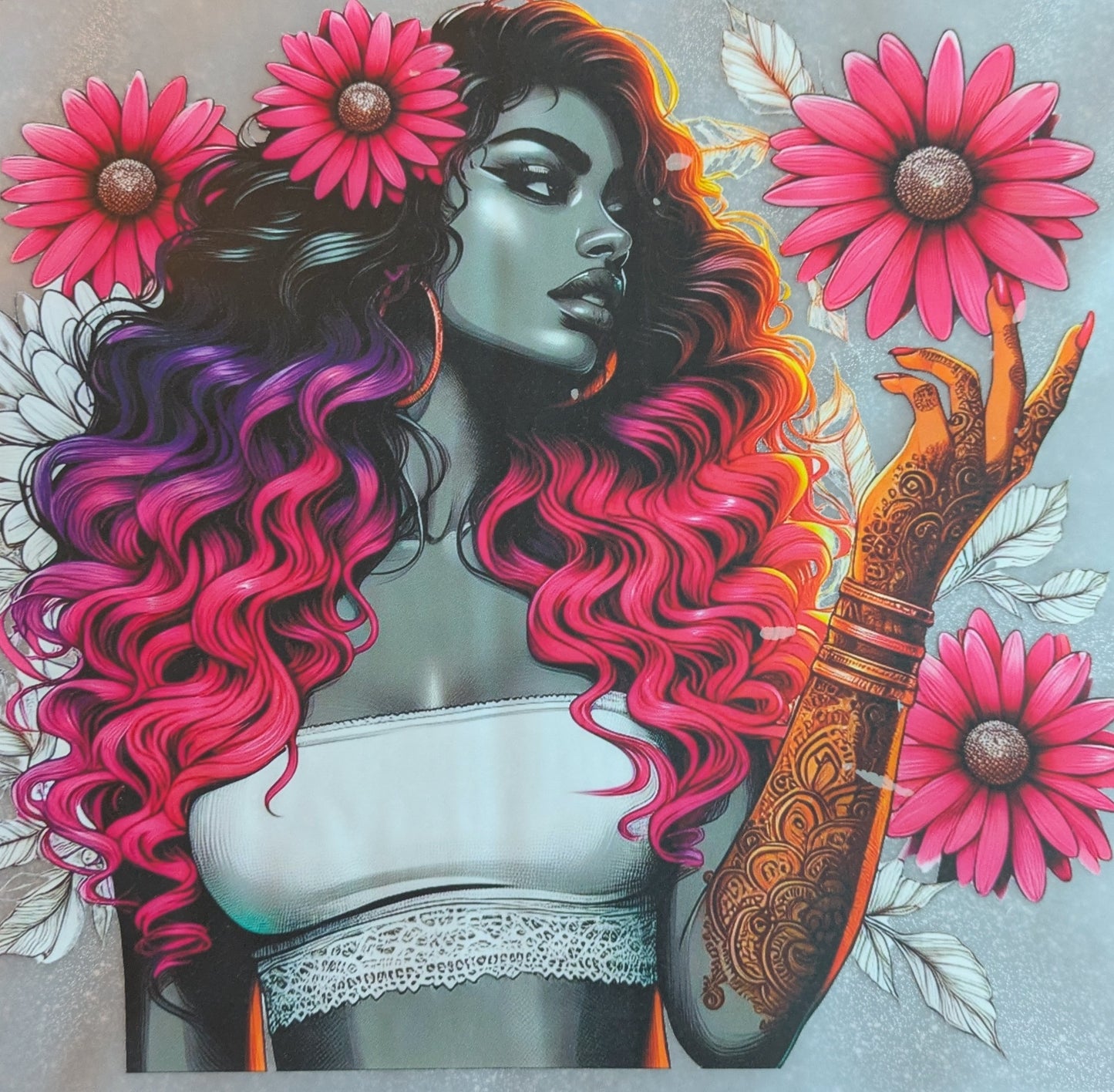 Bügelbild Gr.L " Girl grau Magaritten " GBB000034