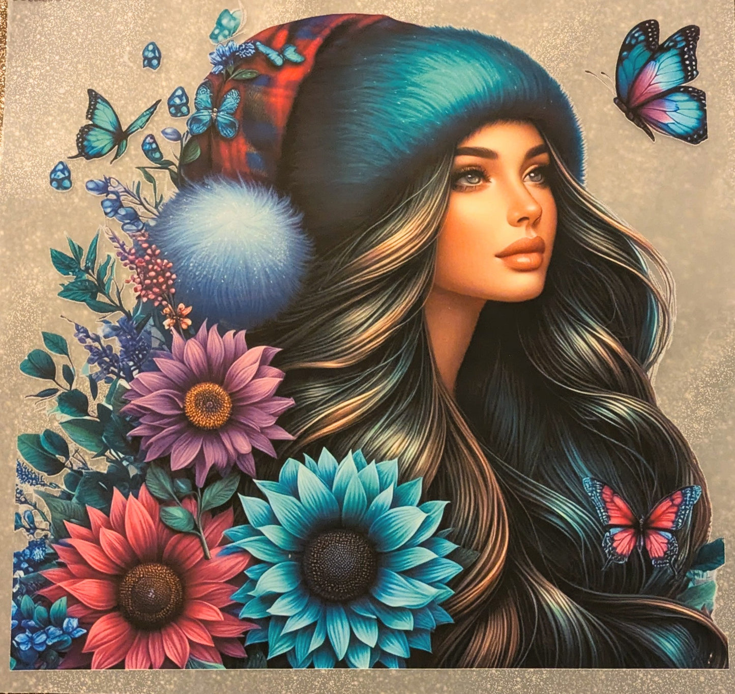 Bügelbild Gr.L " Cutegirl mit Blumen und Schmetterlingen " GBB000054